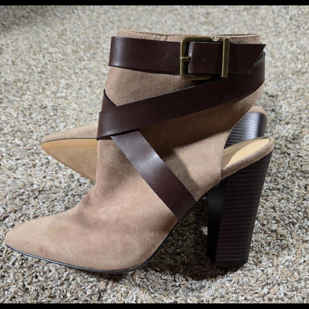 Express Pointed Toe Open Back Tan High Heel Shoe … - image 1